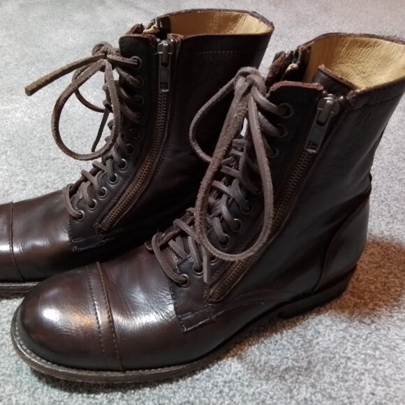 Frye Tyler Men's Leather Boots Double Zip & Lace Up Combat Dark Brown - Size 8 - Picture 1 of 9
